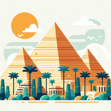 Egyptian pyramids and palm trees. Vector illustration in flat styleのイラスト素材