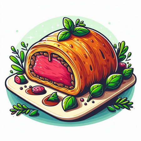 Illustration of a slice of strudel with jam and mintのイラスト素材