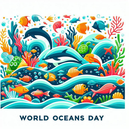 World Ocean Day banner with cute cartoon fishes and coral reef. Vector illustration.のイラスト素材