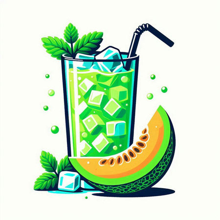 Cocktail with melon, ice and mint. Vector illustrationのイラスト素材