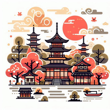 Colorful vector illustration of traditional Chinese architecture in the autumn season.のイラスト素材