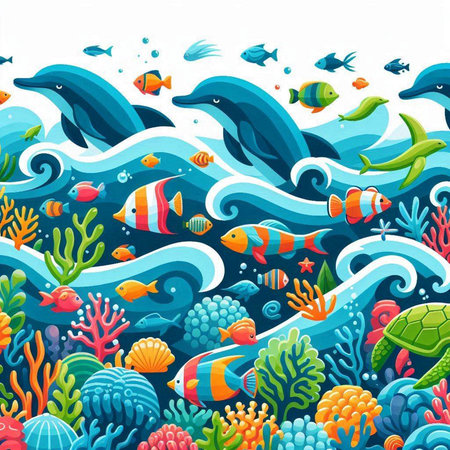 Seamless sea pattern with cute fishes and corals. Vector illustrationのイラスト素材