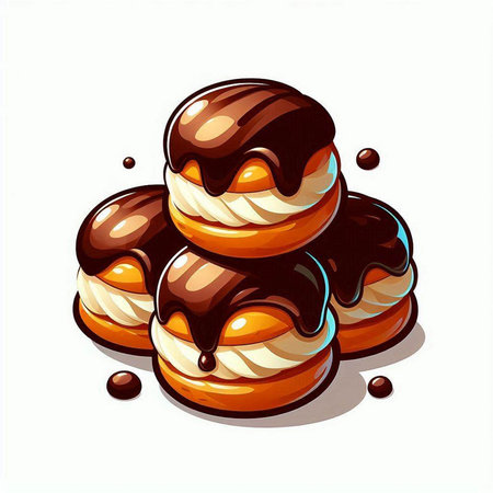 Illustration of chocolate pancakes with whipped cream and chocolate syrup on white backgroundのイラスト素材