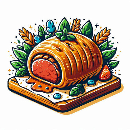 Vector illustration of a piece of bread on a cutting board decorated with leaves.のイラスト素材