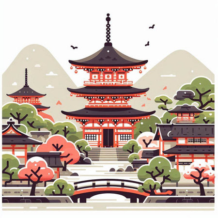 Japanese temple vector illustration. Traditional japanese architecture, pagoda and bridge.のイラスト素材