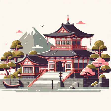 Korean temple in the mountains. Vector illustration in flat style.のイラスト素材