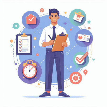 Time management concept. Man with clipboard and checklist. Flat vector illustrationのイラスト素材