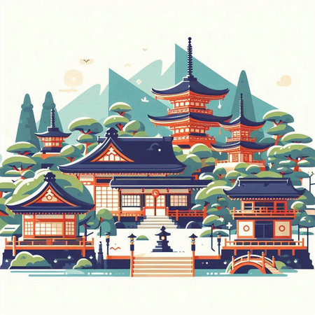 Vector illustration of a japanese temple in the middle of the forestのイラスト素材