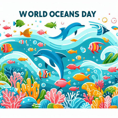 World Ocean Day poster with cute cartoon fishes and corals vector illustrationのイラスト素材