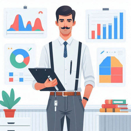 Businessman in office. Vector illustration in flat style. Businessman in office.のイラスト素材