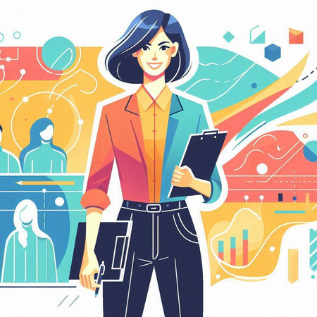 Vector illustration of a young business woman standing in front of office.のイラスト素材