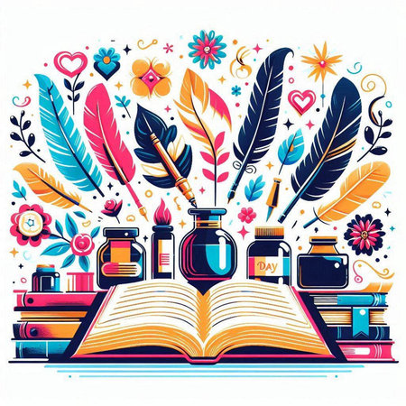 Vector illustration of a book with quill pen, inkwell, books, feathers, flowers and heartsのイラスト素材