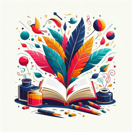Vector illustration of open book with feather and ink. Colorful vector illustration.のイラスト素材