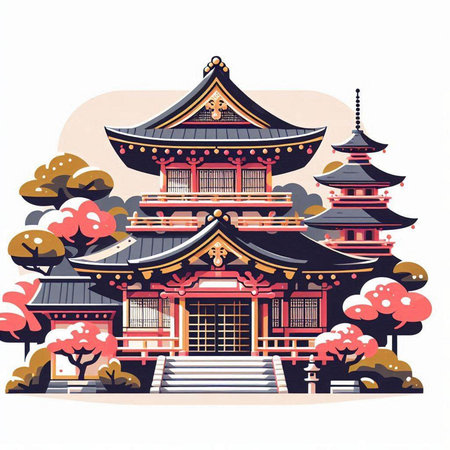 Japanese temple. Vector illustration in a flat style on a white background.のイラスト素材