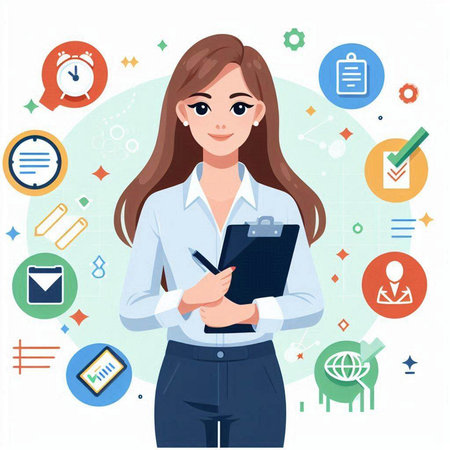 Business woman with clipboard. Vector illustration in flat style. Business concept.のイラスト素材