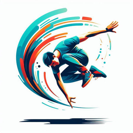 illustration of a young breakdancer jumping with a colorful backgroundのイラスト素材