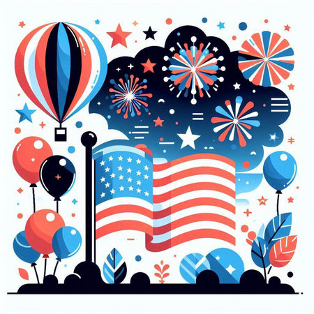 American Flag with balloons, fireworks and stars. Vector illustration in flat styleのイラスト素材