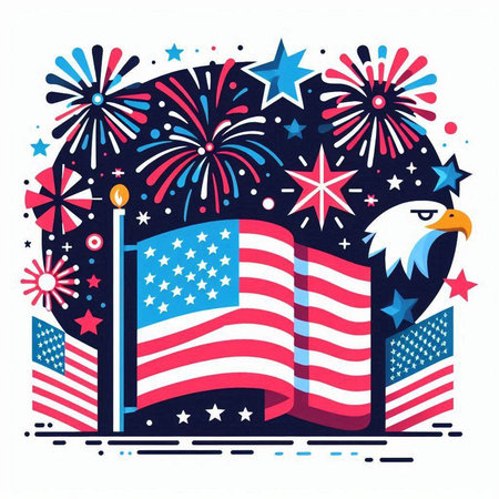 American flag and fireworks. Independence Day. Vector illustration in flat style.のイラスト素材