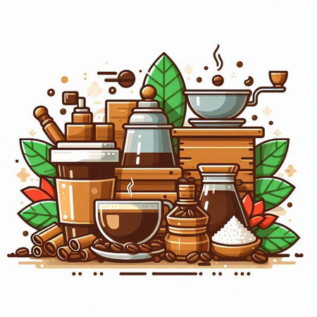Coffee beans, ground coffee, grinder and mill. Vector illustrationのイラスト素材