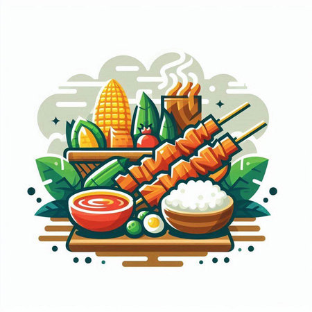 Skewers with vegetables, rice and sauce. Vector illustrationのイラスト素材