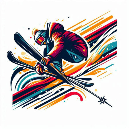 Cross-country skier with skis in action, vector illustrationのイラスト素材