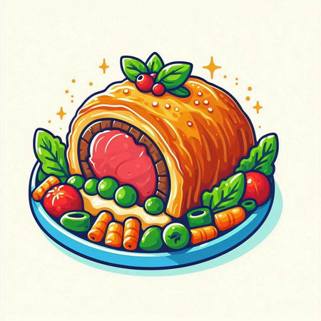 Vector illustration of a ham roll on a plate with vegetables and greensのイラスト素材
