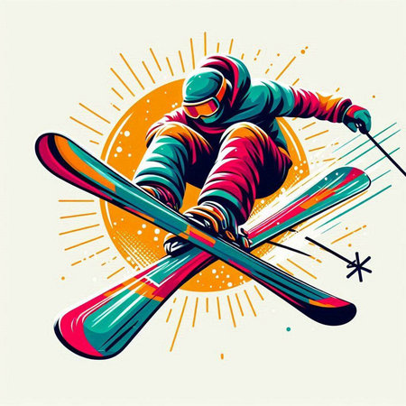 Vector illustration of a skier in a helmet and with a ski in his hands.のイラスト素材