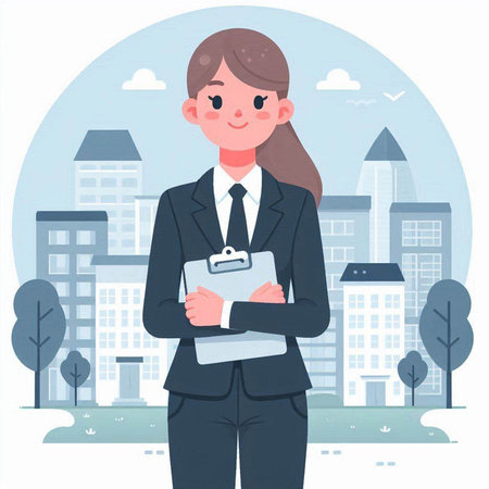 Businesswoman holding a clipboard in the city. Vector illustration in cartoon style.のイラスト素材