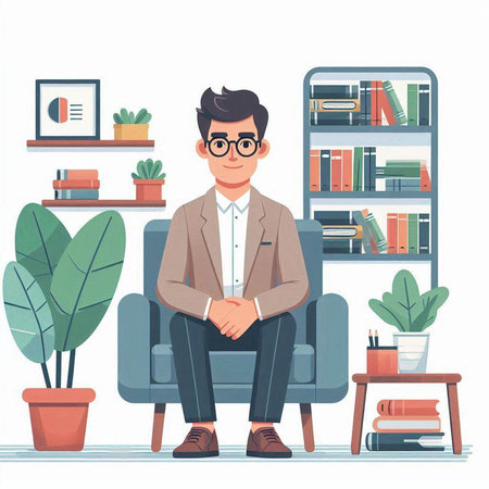 Man sitting in armchair and thinking. Vector illustration in flat styleのイラスト素材