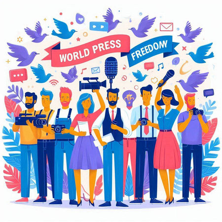 World Press Freedom Day. Group of journalists with microphones. Vector illustrationのイラスト素材