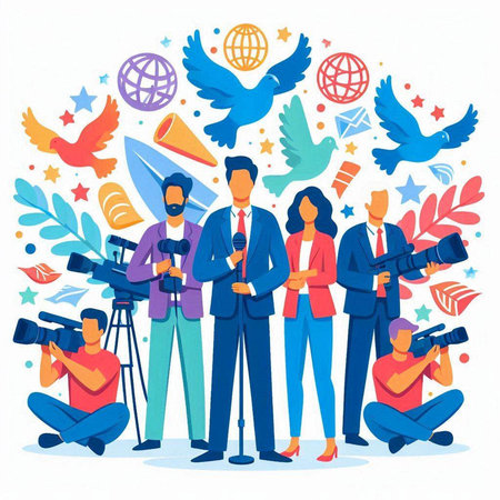 Journalists and journalists with microphones and cameras. Flat vector illustration.のイラスト素材