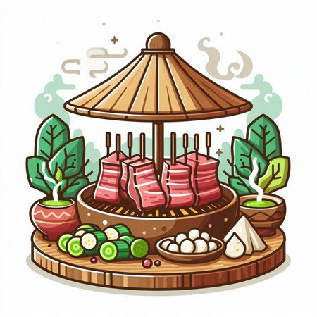 Illustration of grilled meat with vegetables and herbs. Vector illustration.のイラスト素材
