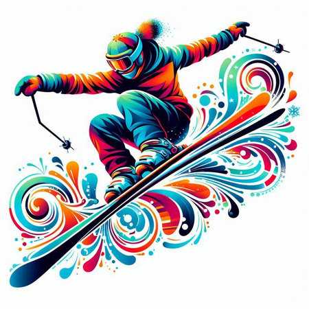 illustration of a snowboarder jumping with a colorful background.のイラスト素材