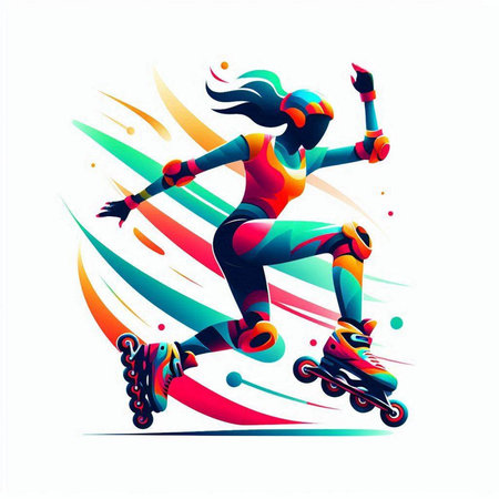 Roller skating woman vector illustration. Colorful silhouette on white backgroundのイラスト素材