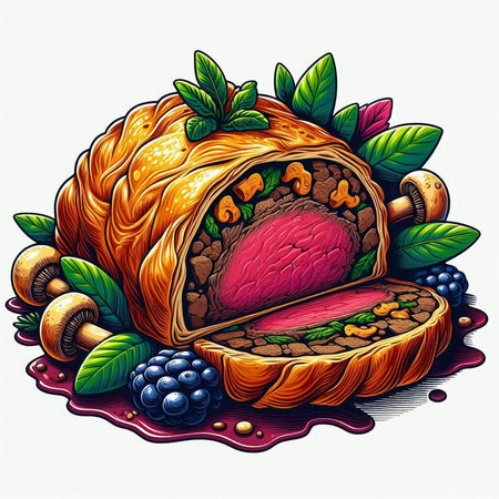 Vector hand drawn illustration of a pie with meat and berriesrated with leaves.のイラスト素材