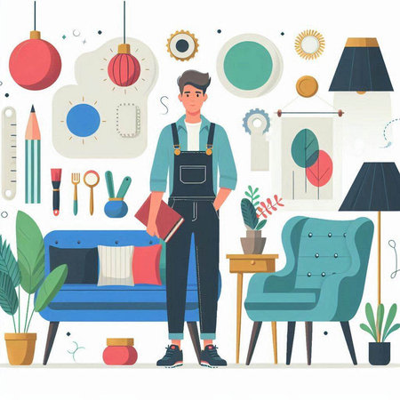 Man in apron and overalls standing near the sofa. Flat style vector illustration.のイラスト素材