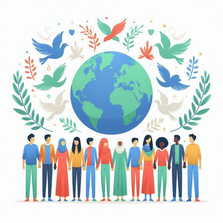 International Day of Peace. Group of people standing together with the planet Earth and doves. Vector illustration.のイラスト素材
