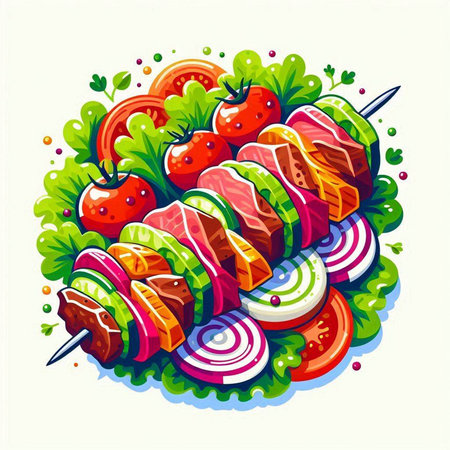 Illustration of kebab with vegetables on a white background.のイラスト素材