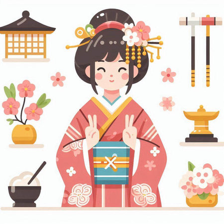 Japanese girl in kimono with chopsticks. Vector illustration.のイラスト素材