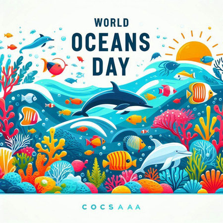 World Ocean Day poster with underwater world and fishes. Vector illustration.のイラスト素材