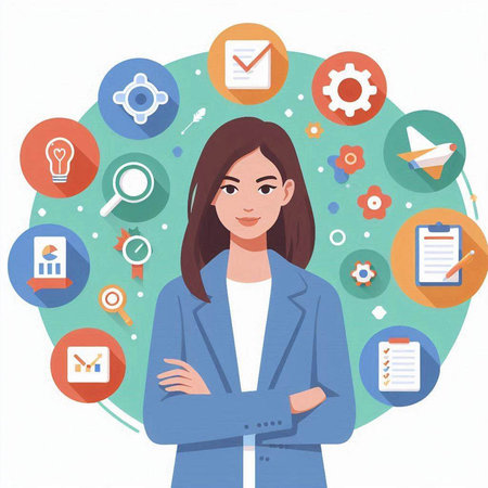 Vector illustration of businesswoman with colorful icons around her on white backgroundのイラスト素材