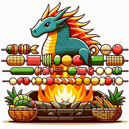 Vector illustration of a dragon on a barbecue with a fire in the backgroundのイラスト素材