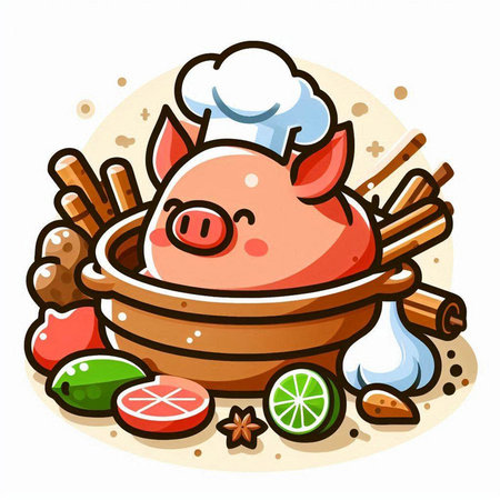 Illustration of a Cute Pig in a Bowl with Ingredients for Cookingのイラスト素材