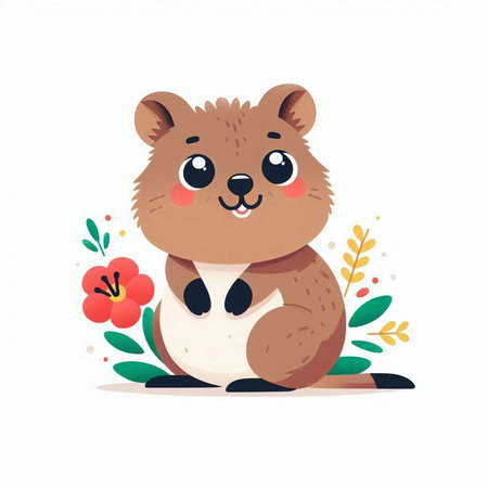 Cute cartoon beaver with flowers. Vector illustration in a flat style.のイラスト素材