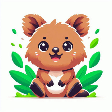 Cute cartoon bear sitting on green leaves background. Vector illustration.のイラスト素材