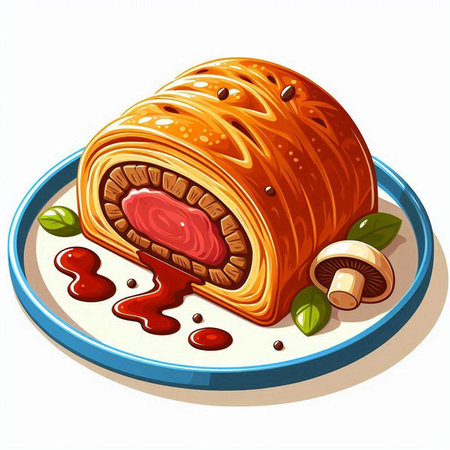 Piece of cherry strudel on a plate. Vector illustration.のイラスト素材