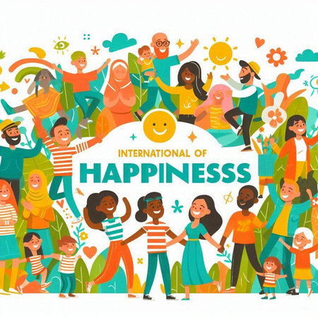 International Day of Happiness banner with group of diverse people. Vector illustrationのイラスト素材