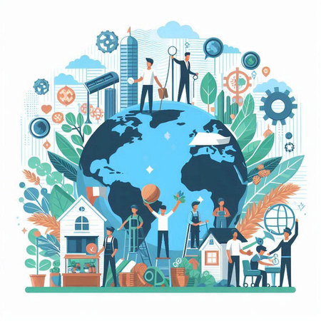 People working around the world. Earth day concept. Vector illustration.のイラスト素材
