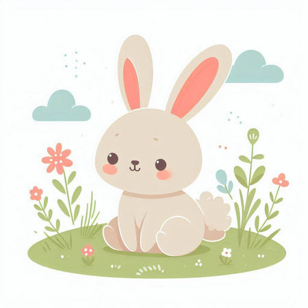Cute little bunny sitting on the grass with flowers. Vector illustration.のイラスト素材