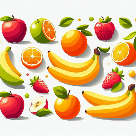 Fruit background with banana, apple, strawberry, orange, pear.のイラスト素材